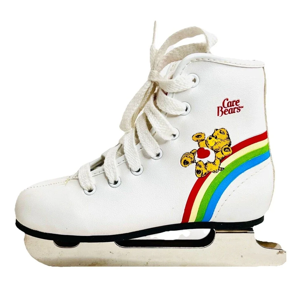 Vintage 1983 Care Bears Ice Skates Kids Size 12J Double Runner Rainbow White